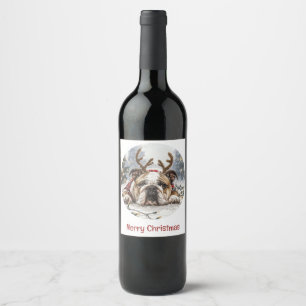 Étiquette Pour Bouteilles De Vin Joyeux Noël anglais Bulldog Reindeer