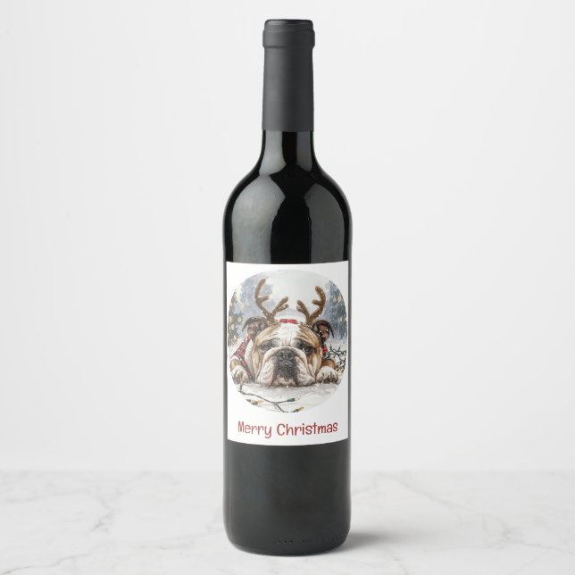 Étiquette Pour Bouteilles De Vin Joyeux Noël anglais Bulldog Reindeer (Devant)