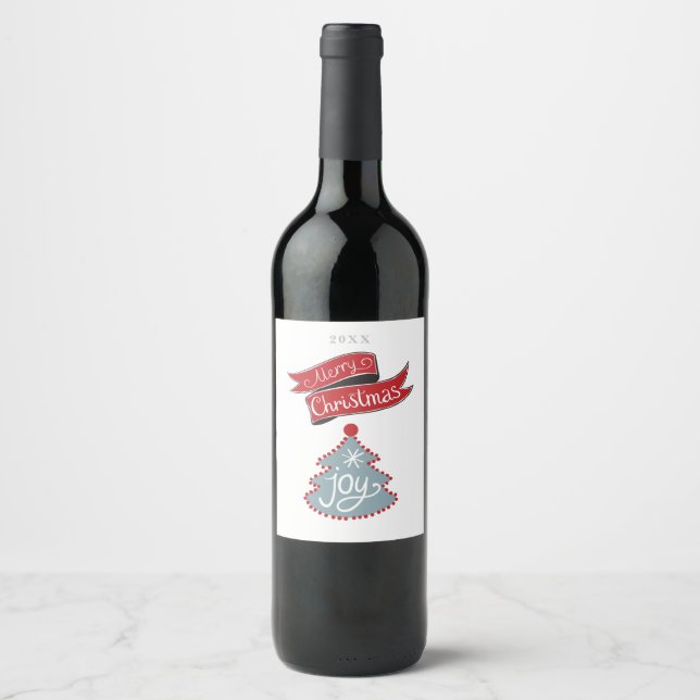 Étiquette Pour Bouteilles De Vin Joyeux Noël, Arbre stylisé, Année personnalisée (Devant)