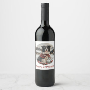 Étiquette Pour Bouteilles De Vin Joyeux Noël Bordure Collie Chien Snowman