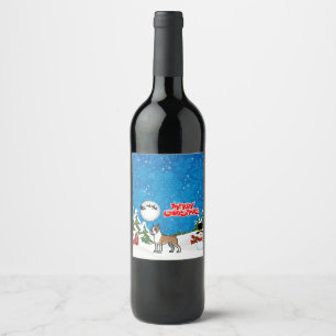 Étiquette Pour Bouteilles De Vin Joyeux Noël Boxe Avec Un Snowman Et Père Noël