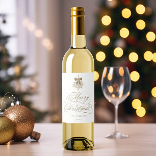 Étiquette Pour Bouteilles De Vin Joyeux Noël Calligraphie Romantique en Or 