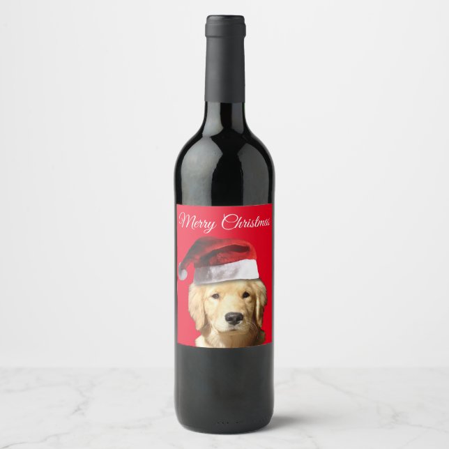 Étiquette Pour Bouteilles De Vin Joyeux Noël Golden Retriever (Devant)