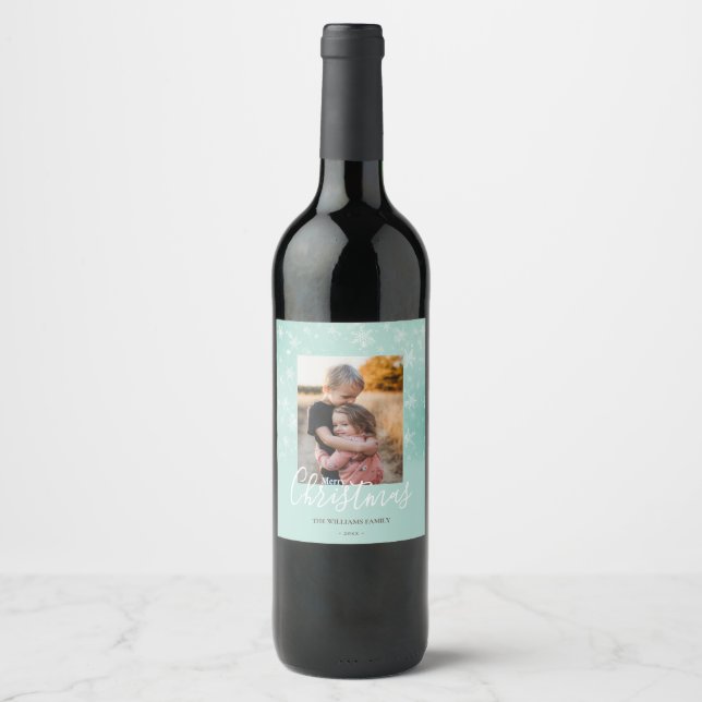 Étiquette Pour Bouteilles De Vin Joyeux Noël Moderne Neige Hiver Green Photo (Devant)