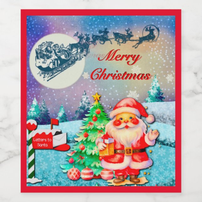 Étiquette Pour Bouteilles De Vin Joyeux Noël Père Noël, Sleigh, Reindeer, Snowflake (Étiquettes simples)