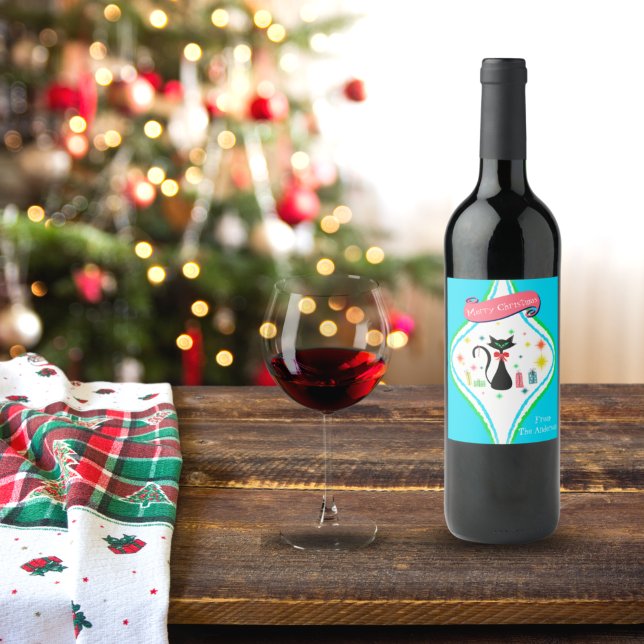 Étiquette Pour Bouteilles De Vin Joyeux Noël Retro Siamese Nom du chat (Créateur téléchargé)