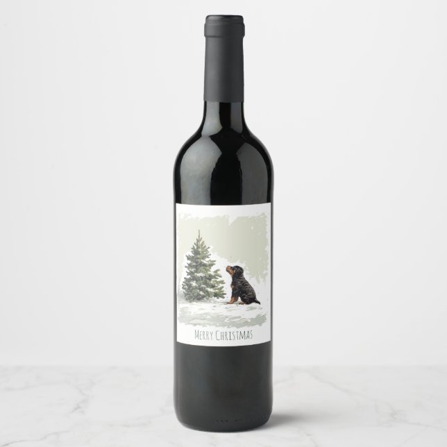Étiquette Pour Bouteilles De Vin Joyeux Noël Rottweiler Chien Arbre de Noël (Devant)