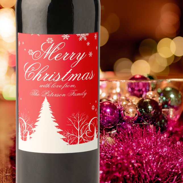 Étiquette Pour Bouteilles De Vin Joyeux Noël Rouge et blanc Paysage d'hiver (Créateur téléchargé)