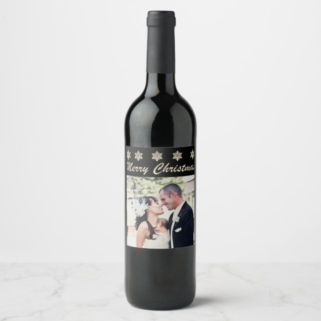 Étiquette Pour Bouteilles De Vin Joyeux Noël Snowflake Photo personnalisée Vins Éti (Devant)
