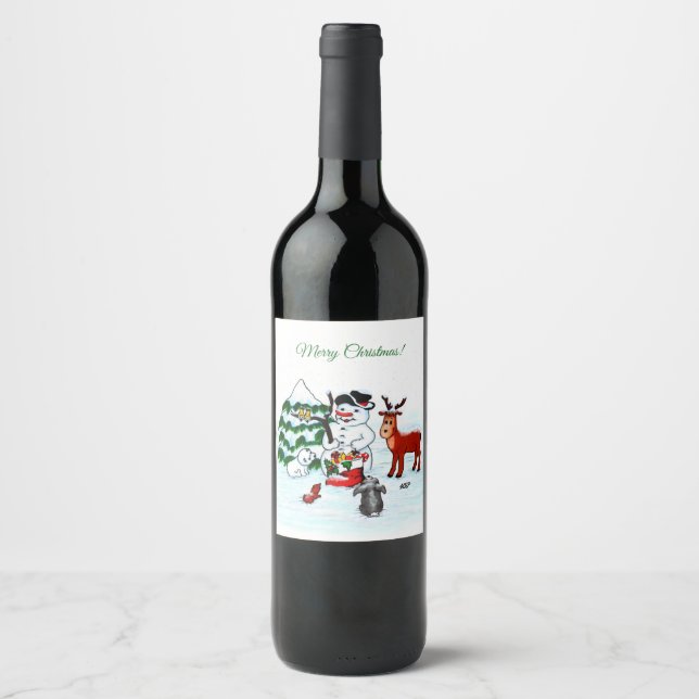 Étiquette Pour Bouteilles De Vin Joyeux Noël ! Snowman avec amis (Devant)