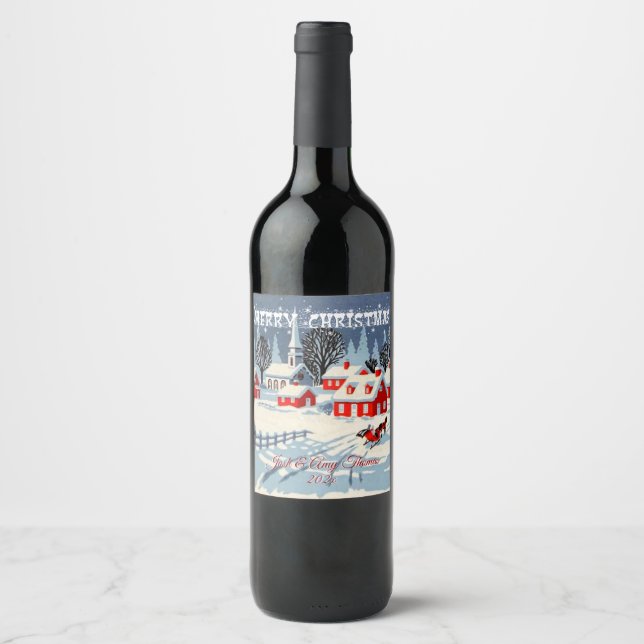 Étiquette Pour Bouteilles De Vin Joyeux Noël Village enneigé Cheval Église (Devant)