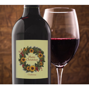 Étiquette Pour Bouteilles De Vin Joyeux Noël Vin Tournesol Wreath Holly Joie
