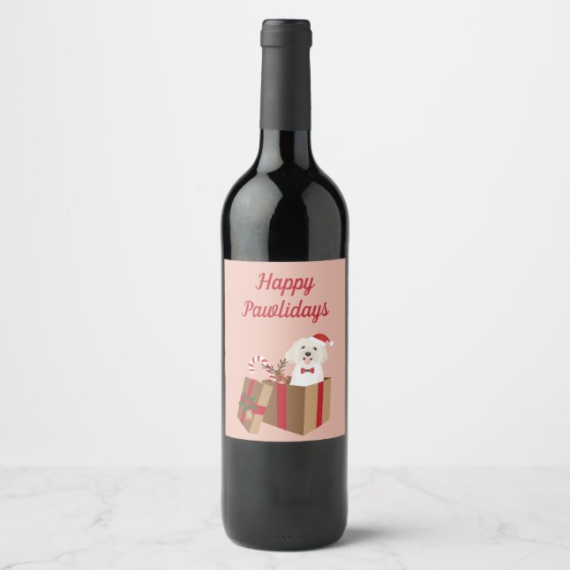 Étiquette Pour Bouteilles De Vin Joyeux Pawlidays Maltipoo Noël présent (Devant)