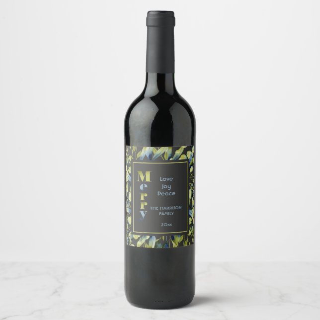Étiquette Pour Bouteilles De Vin Joyeux Rustique Vert Bleu Feuillage Noël (Devant)