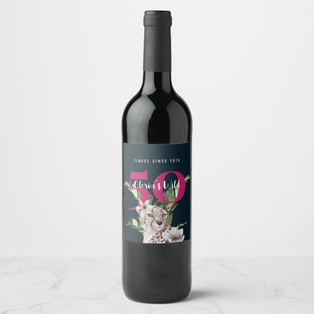 Étiquette Pour Bouteilles De Vin Jungle sauvage léopard rose 50e anniversaire drôle (Devant)