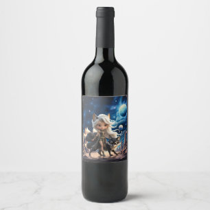 Étiquette Pour Bouteilles De Vin Kitsune Céleste – Gardien des Quatre Queues.