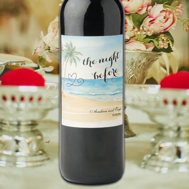 Étiquette Pour Bouteilles De Vin La nuit d'avant plage et palmiers Mariage (Créateur téléchargé)