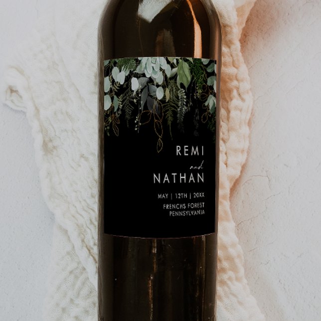 Étiquette Pour Bouteilles De Vin La verdure et la feuille d'or | Mariage noir (Créateur téléchargé)