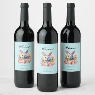 Étiquette Pour Bouteilles De Vin Lapin avec une guirlande de roses Mignon applaudis