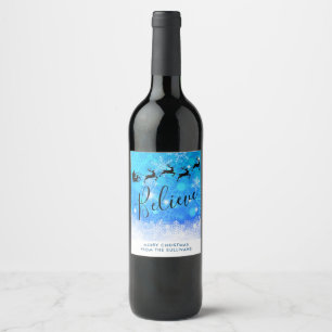 Étiquette Pour Bouteilles De Vin Le Père Noël et son renne volant - Croyez