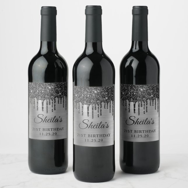 Étiquette Pour Bouteilles De Vin Lecteurs de Parties scintillant noire Silver Foil  (Bouteilles)