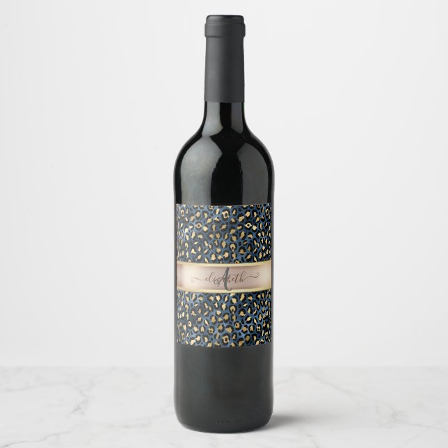Étiquette Pour Bouteilles De Vin Léopard Motif bleu or Monogramme (Devant)