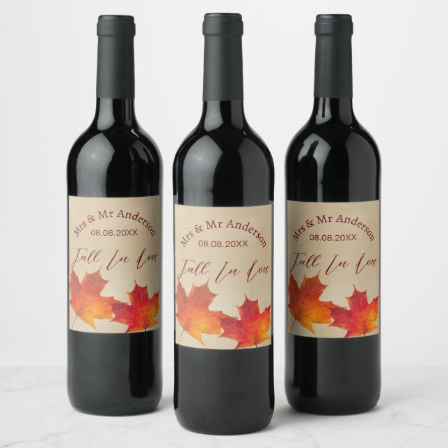 Étiquette Pour Bouteilles De Vin Les Feuilles rustiques tombent dans l'amour Mariag (Bouteilles)