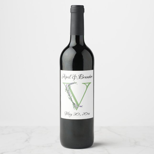 Étiquette Pour Bouteilles De Vin Lettre alphabétique V aquarelle Lavande Eucalyptus (Devant)