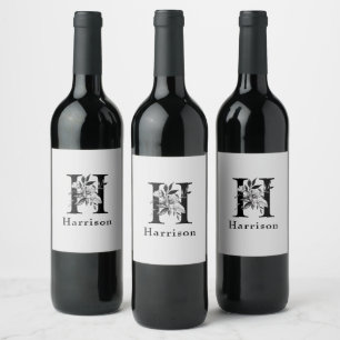 Étiquette Pour Bouteilles De Vin Lettre H floral gris et noir
