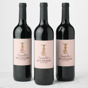 Étiquette Pour Bouteilles De Vin Lettre I Monogramme Or Roses Rose Pâle