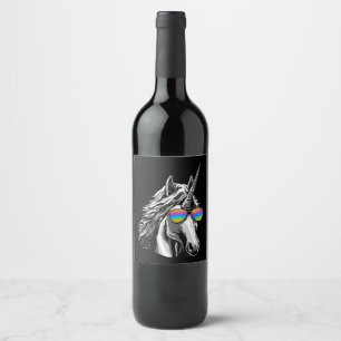 Étiquette Pour Bouteilles De Vin licorne cool avec lunettes de soleil arc-en-ciel