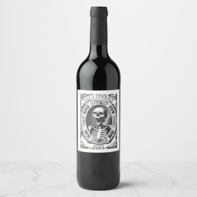 Étiquette Pour Bouteilles De Vin Ligne de squelette gothique Dessin personnalisé An (Devant)