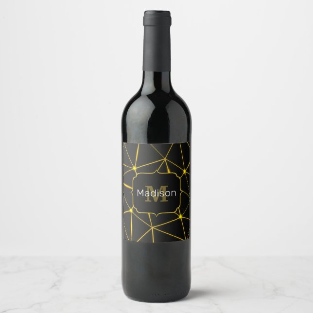 Étiquette Pour Bouteilles De Vin Lignes d'or triangles noirs géométriques Monogramm (Devant)