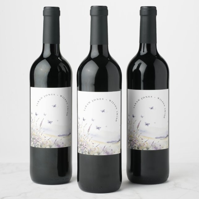 Étiquette Pour Bouteilles De Vin Lilac Fleur sauvage Butterfly Field Mariage paysag (Bouteilles)