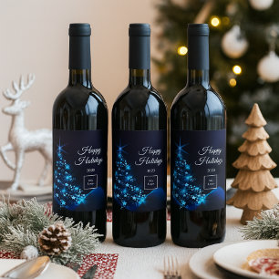 Étiquette Pour Bouteilles De Vin Logo d'entreprise Noël noir bleu moderne arbre