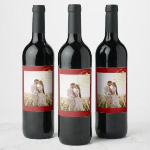 Étiquette Pour Bouteilles De Vin Logo timbre photo de couple rouge mariage chinois