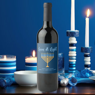 Étiquette Pour Bouteilles De Vin Love & Light Blue Gold Menorah Hanoukka Party
