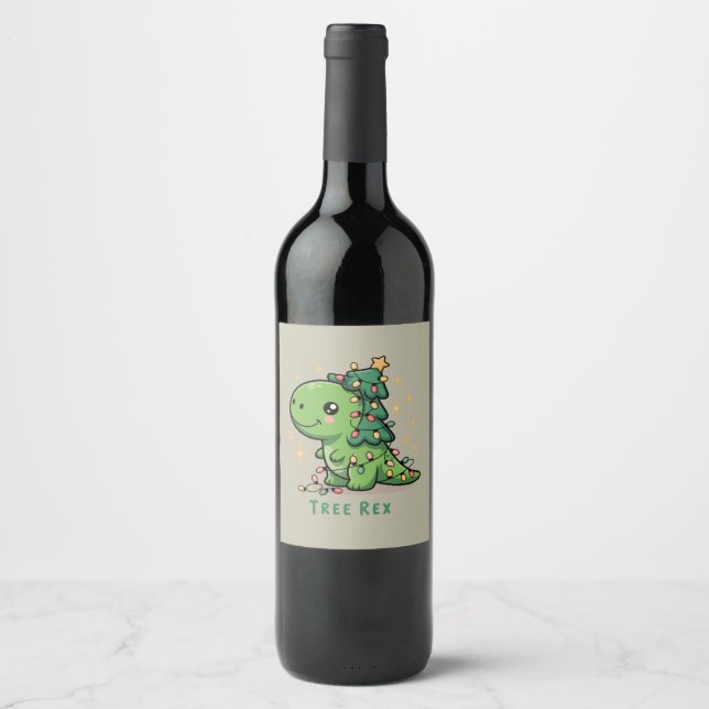 Étiquette Pour Bouteilles De Vin Lumière de dinosaure de Noël Fête drôle d'arbre Re (Devant)