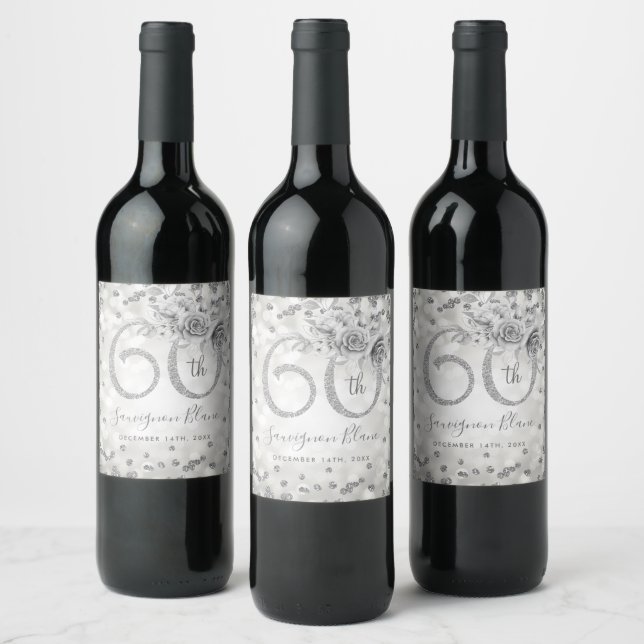 Étiquette Pour Bouteilles De Vin Lumières florales en argent 60e anniversaire (Bouteilles)