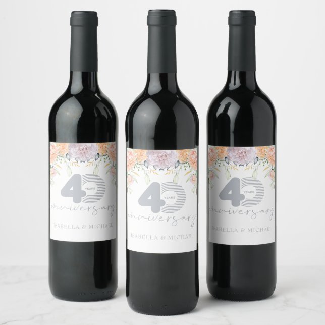 Étiquette Pour Bouteilles De Vin Luxe Floral 40e anniversaire de Mariage (Bouteilles)