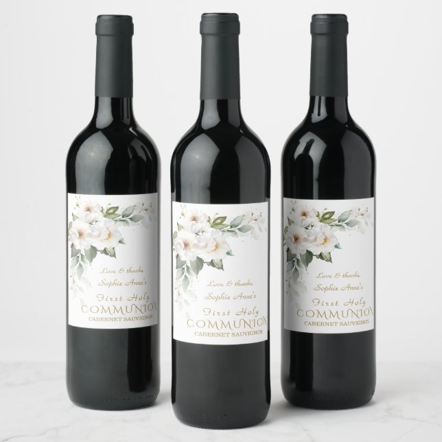 Étiquette Pour Bouteilles De Vin Luxueux Blanc Roses sauvages Première Sainte Commu (Bouteilles)