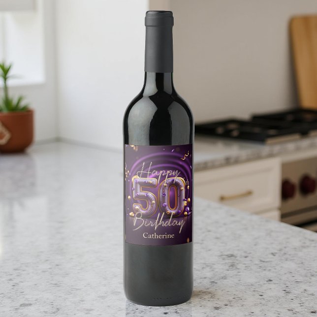 Étiquette Pour Bouteilles De Vin Luxueux Elegant Purple and Gold 50e anniversaire (Créateur téléchargé)