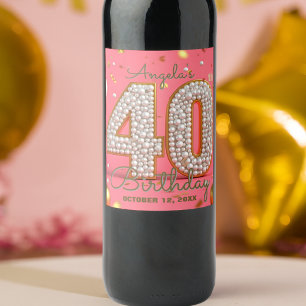 Étiquette Pour Bouteilles De Vin Luxueux Glam Pink Gold et perles 40e anniversaire