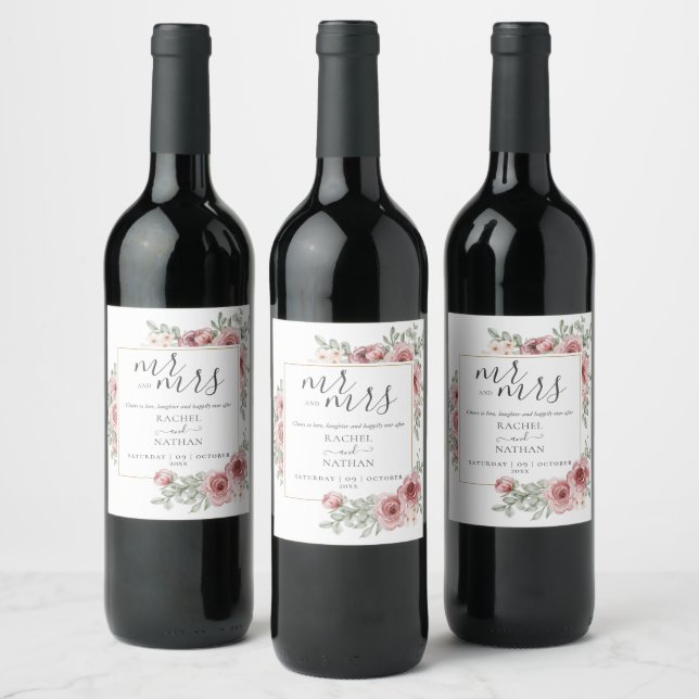 Étiquette Pour Bouteilles De Vin M. Et Mme Floral Dusty Rose Salue Le Mariage (Bouteilles)