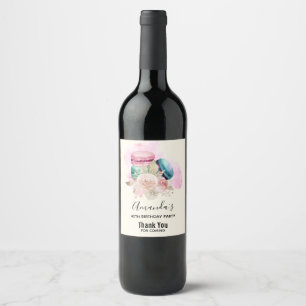 Étiquette Pour Bouteilles De Vin Macarons et fleurs colorés Aquarelle Anniversaire