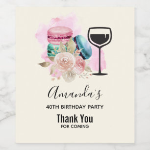 Étiquette Pour Bouteilles De Vin Macarons et fleurs colorés Aquarelle Anniversaire