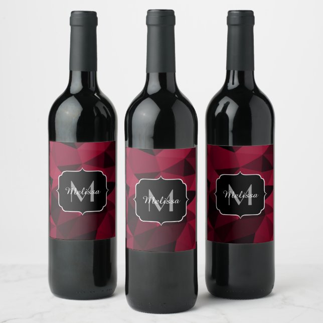 Étiquette Pour Bouteilles De Vin Magenta rose rouge noir géométrie motif Monogramme (Bouteilles)