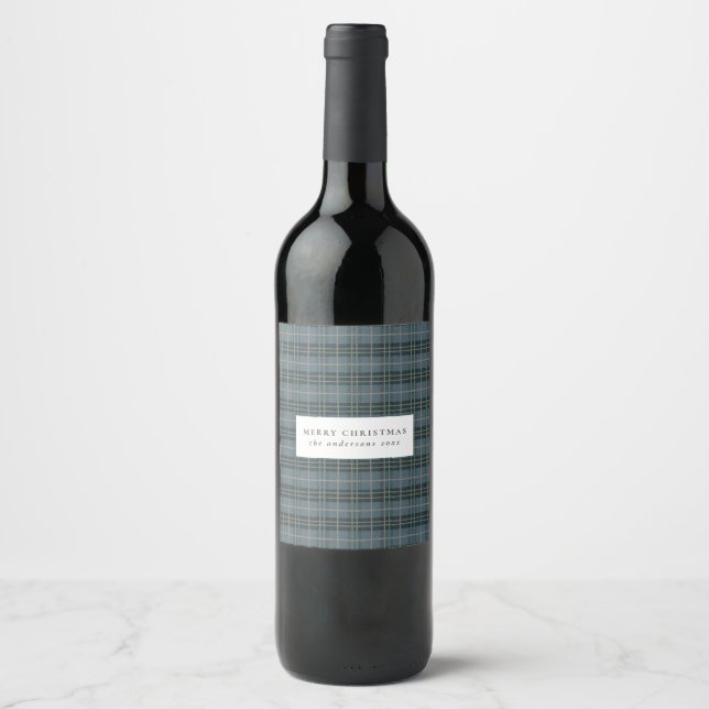 Étiquette Pour Bouteilles De Vin Main bleue Tartan Tartan Plaid Noël (Devant)