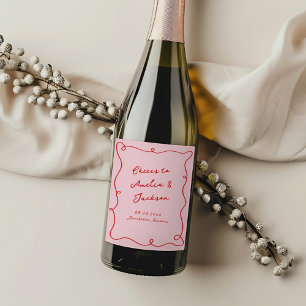 Étiquette Pour Bouteilles De Vin Main Whimsical tirée rose et Mariage rouge