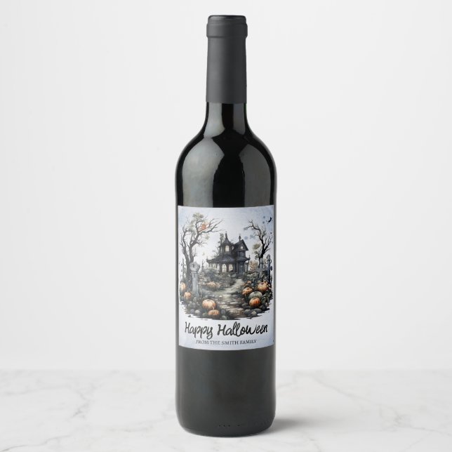 Étiquette Pour Bouteilles De Vin Maison hantée personnalisée pour Halloween (Devant)
